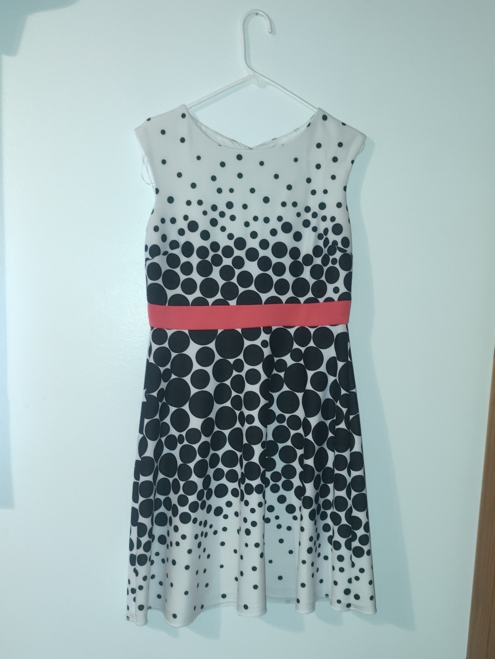 Sandra Darren Black and White Polka Dot Midi Dress with Coral Waistband
